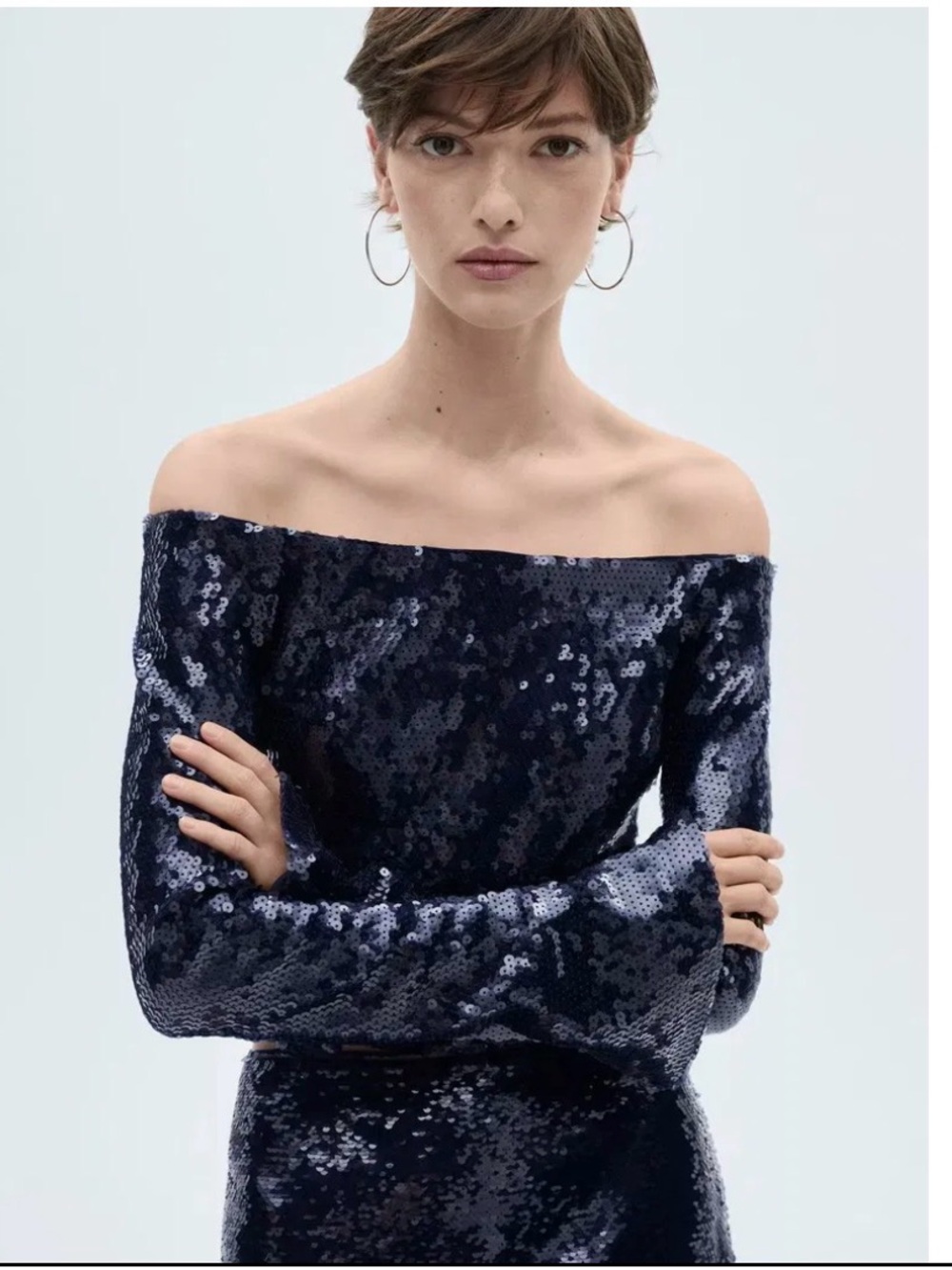 NWOT Mango Navy Sequin off the shoulder crop top